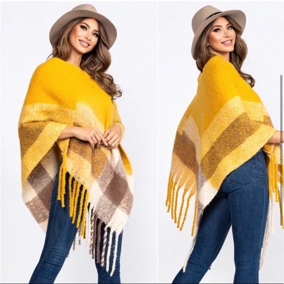 LAST ONE: Mustard soft cozy warm fall poncho madras print women’s soft fall top - Picture 2 of 2